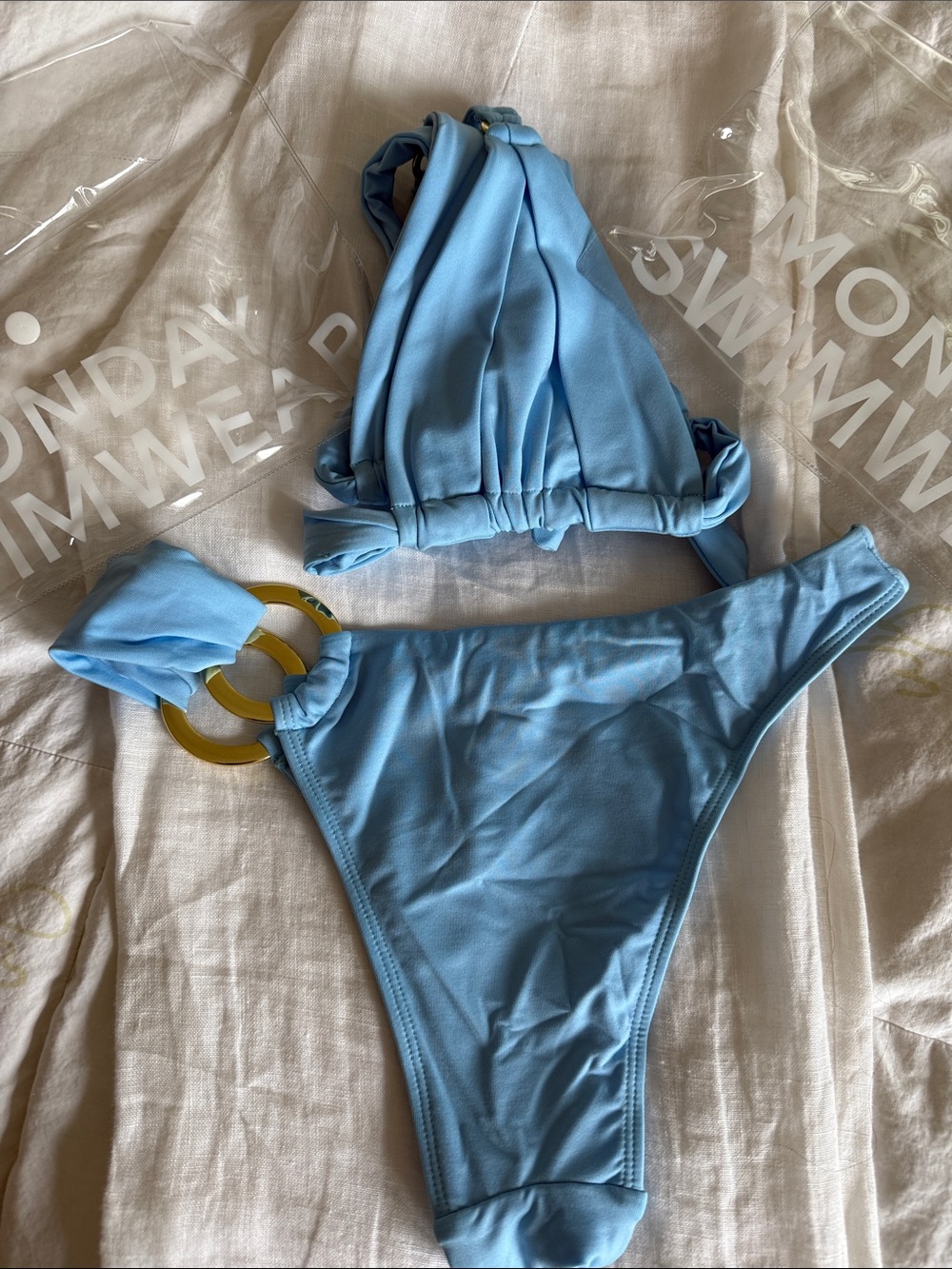 Monday LN Swim M Top S Bottom Light Blue Two-Piece Bikini with Decorative Ring